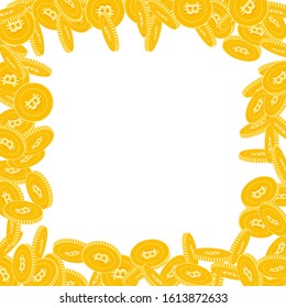 Bitcoin, internet currency coins falling. Scattered big BTC coins on white background. Stunning chaotic border vector illustration. Jackpot or success concept.