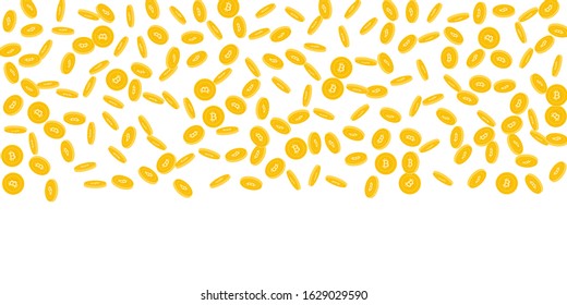 Bitcoin, internet currency coins falling. Scattered sparse BTC coins on white background. Exquisite wide top gradient vector illustration. Jackpot or success concept.