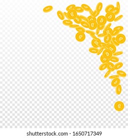 Bitcoin, internet currency coins falling. Scattered small BTC coins on transparent background. Remarkable top right corner vector illustration. Jackpot or success concept.