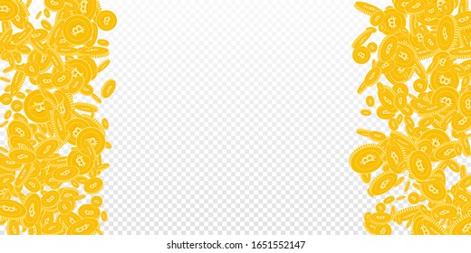 Bitcoin, monedas en internet cayendo. Monedas de CBC flotantes dispersas sobre fondo transparente. Ilustración de vector de borde izquierdo positivo. Acumulado o concepto de éxito.