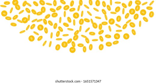 Bitcoin, internet currency coins falling. Scattered sparse BTC coins on white background. Unusual top semicircle vector illustration. Jackpot or success concept.