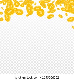 Bitcoin, internet currency coins falling. Scattered floating BTC coins on transparent background. Fantastic abstract top border vector illustration. Jackpot or success concept.
