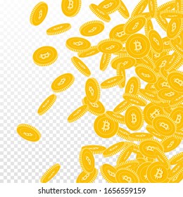 Bitcoin, monedas en internet cayendo. Monedas grandes dispersas en el fondo transparente. Excelente ilustración vectorial de gradiente derecho. Acumulado o concepto de éxito.