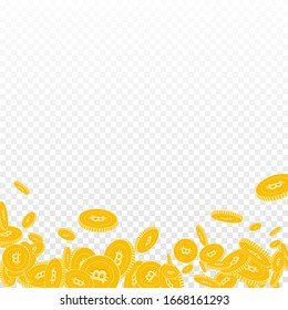 Bitcoin, monedas en internet cayendo. Monedas de CBC flotantes dispersas sobre fondo transparente. Allanando la ilustración abstracta del vector inferior. Acumulado o concepto de éxito.