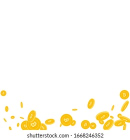 Bitcoin, internet currency coins falling. Scattered disorderly BTC coins on white background. Alive abstract bottom vector illustration. Jackpot or success concept.