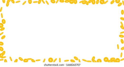 Bitcoin, monedas en internet cayendo. Monedas de pequeño tamaño dispersas en blanco. Impresionante ilustración vectorial de marco amplio. Acumulado o concepto de éxito.