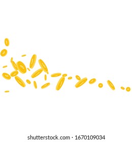 Bitcoin, monedas en internet cayendo. Monedas dispersas desordenadas de BTC sobre fondo blanco. ilustración vectorial. Acumulado o concepto de éxito.