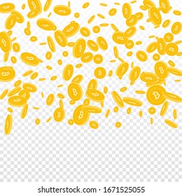 Bitcoin, internet currency coins falling. Scattered disorderly BTC coins on transparent background. Memorable top gradient square vector illustration. Jackpot or success concept.