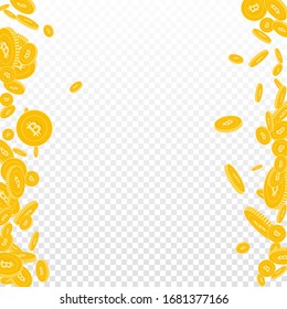 Bitcoin, internet currency coins falling. Scattered floating BTC coins on transparent background. Bewitching messy border vector illustration. Jackpot or success concept.