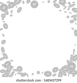 Bitcoin, monedas en internet cayendo. Monedas dispersas en blanco y negro BTC desordenadas. Acumulado o concepto de éxito. Ilustración vectorial de marco de esquina elegante.