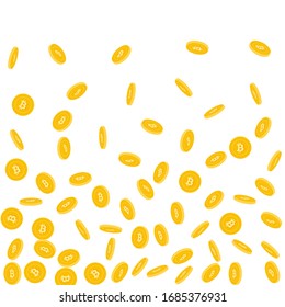Bitcoin, monedas en internet cayendo. Monedas dispersas dispersas de BTC sobre fondo blanco. Óptima ilustración vectorial de gradiente inferior. Acumulado o concepto de éxito.