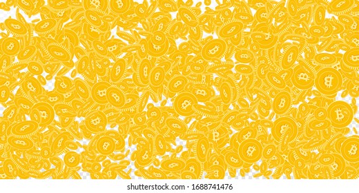 Bitcoin, monedas en internet cayendo. Monedas de CBC flotantes dispersas sobre fondo transparente. Brillante ilustración vectorial de dispersión amplia. Acumulado o concepto de éxito.