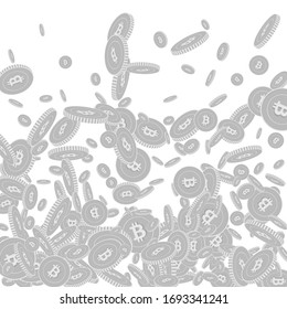 Bitcoin, internet currency coins falling. Scattered black and white BTC floating coins. Jackpot or success concept. Alluring bottom gradient vector illustration.