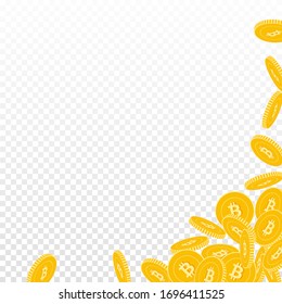 Bitcoin, internet currency coins falling. Scattered big BTC coins on transparent background. Decent abstract right bottom corner vector illustration. Jackpot or success concept.