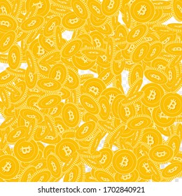 Bitcoin, monedas en internet cayendo. Monedas grandes dispersas en el fondo transparente. Ilustración vectorial de patrones dispersos creativos. Acumulado o concepto de éxito.