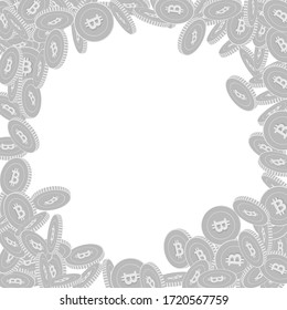 Bitcoin, monedas en internet cayendo. Monedas grandes dispersas en blanco y negro BTC. Acumulado o concepto de éxito. Glamorosa ilustración aleatoria de cuadro aleatorio.
