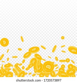Bitcoin, internet currency coins falling. Scattered floating BTC coins on transparent background. Powerful scatter bottom gradient vector illustration. Jackpot or success concept.