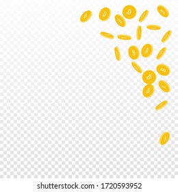 Bitcoin, internet currency coins falling. Scattered sparse BTC coins on transparent background. Shapely top right corner vector illustration. Jackpot or success concept.