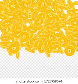 Bitcoin, internet currency coins falling. Scattered big BTC coins on transparent background. Majestic top gradient square vector illustration. Jackpot or success concept.