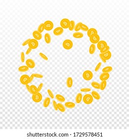 Bitcoin, internet currency coins falling. Scattered small BTC coins on transparent background. Glamorous round frame vector illustration. Jackpot or success concept.