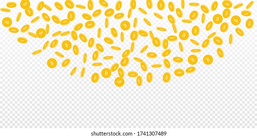 Bitcoin, internet currency coins falling. Scattered sparse BTC coins on transparent background. Unique top semicircle vector illustration. Jackpot or success concept.