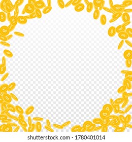 Bitcoin, monedas de internet cayendo. Monedas pequeñas de CBC dispersas sobre fondo transparente. Maravillosa ilustración vectorial de marco de esquina. Bote o concepto de éxito.