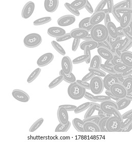 Bitcoin, internet currency coins falling. Scattered black and white BTC big coins. Jackpot or success concept. Fabulous right gradient vector illustration.