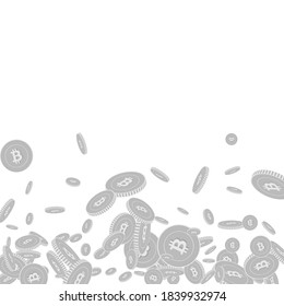 Bitcoin, monedas de internet cayendo. Monedas flotantes dispersas en blanco y negro BTC. Bote o concepto de éxito. Ilustración vectorial de gradiente inferior de dispersión magnética.