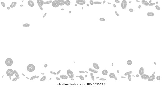 Bitcoin, internet currency coins falling. Scattered black and white BTC disorderly coins. Jackpot or success concept. Bewitching scattered border vector illustration.