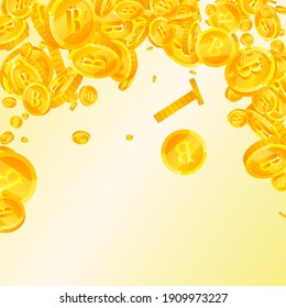Bitcoin, internet currency coins falling. Valuable scattered BTC coins. Cryptocurrency, digital money. Graceful jackpot, wealth or success concept. Vector illustration.