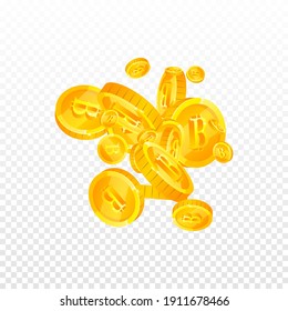 Bitcoin, monedas de internet cayendo. Monedas BTC dispersas positivas. Criptomoneda, dinero digital. Impresionante destreza, riqueza o concepto de éxito. Ilustración vectorial.
