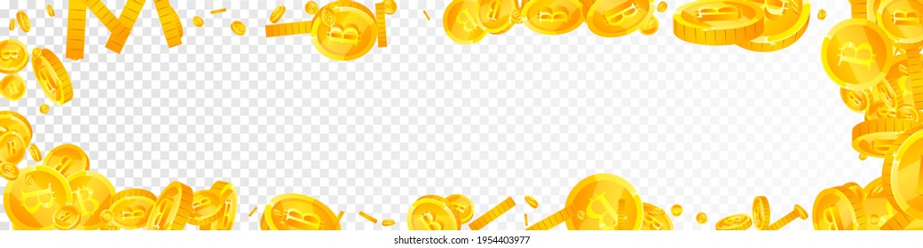 Bitcoin, internet currency coins falling. Classy scattered BTC coins. Cryptocurrency, digital money. Juicy jackpot, wealth or success concept. Vector illustration.