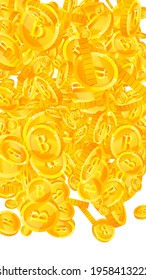 Bitcoin, internet currency coins falling. Popular scattered BTC coins. Cryptocurrency, digital money. Precious jackpot, wealth or success concept. Vector illustration.