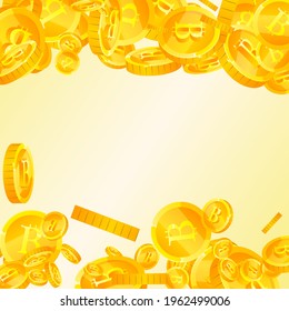 Bitcoin, Internetwährungsmünzen fallen. Delikate verstreute BTC-Münzen. Kryptowährung, digitales Geld. Unberührter Jackpot, Reichtum oder Erfolgskonzept. Vektorgrafik.
