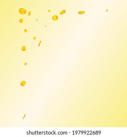 Bitcoin, internet currency coins falling. Admirable scattered BTC coins. Cryptocurrency, digital money. Mind-blowing jackpot, wealth or success concept. Vector illustration.
