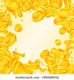 Bitcoin, monedas de internet cayendo. Fabulosas monedas dispersas en BTC. Criptomoneda, dinero digital. Conjetura imaginativa, riqueza o concepto de éxito. Ilustración vectorial.
