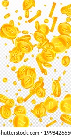 Bitcoin, monedas de internet cayendo. Monedas de BTC dispersas en memerica. Criptomoneda, dinero digital. Deslumbrante jackpot, riqueza o concepto de éxito. Ilustración vectorial.