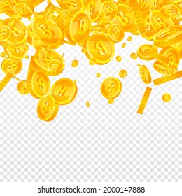 Bitcoin, monedas de internet cayendo. Excelentes monedas dispersas de BTC. Criptomoneda, dinero digital. Tentador botín, riqueza o concepto de éxito. Ilustración vectorial.
