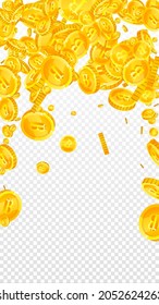 Bitcoin, internet currency coins falling. Nice scattered BTC coins. Cryptocurrency, digital money. Cute jackpot, wealth or success concept. Vector illustration.