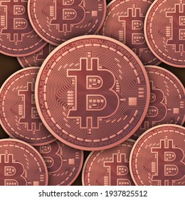 Bitcoin, internet currency coins pattern. Symmetrical scattered BTC coins. Big win or succe Fintech Blockchain vector banner
