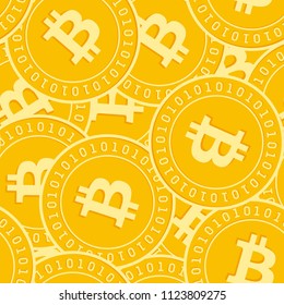 Bitcoin, internet currency coins seamless pattern. Sightly scattered BTC coins. Big win or success concept. Cryptocurrency, digital big flat money pattern. Coin tile vector illustration.