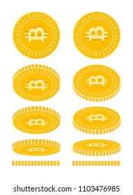 Bitcoin, internet currency coins set, animation ready. BTC yellow coins rotation. Cryptocurrency, digital metal money in different positions isolated. Astonishing cartoon vector illustration.
