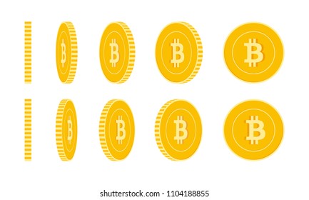 Bitcoin, internet currency coins set, animation ready. BTC yellow coins rotation. Cryptocurrency, digital metal money in different positions isolated. Amusing cartoon vector illustration.