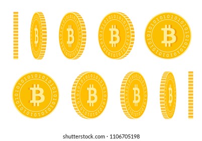 Bitcoin, internet currency coins set, animation ready. BTC yellow coins rotation. Cryptocurrency, digital metal money in different positions isolated. Amazing cartoon vector illustration.