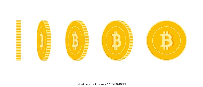 Bitcoin, internet currency coins set, animation ready. BTC yellow coins rotation. Cryptocurrency, digital metal money in different positions isolated. Beautiful cartoon vector illustration.