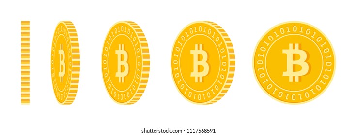 Bitcoin, internet currency coins set, animation ready. BTC yellow coins rotation. Cryptocurrency, digital metal money in different positions isolated. Bewitching cartoon vector illustration.