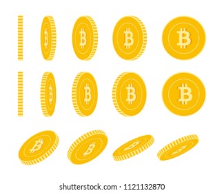 Bitcoin, internet currency coins set, animation ready. BTC yellow coins rotation. Cryptocurrency, digital metal money in different positions isolated. Beauteous cartoon vector illustration.
