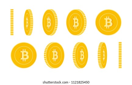 Bitcoin, internet currency coins set, animation ready. BTC yellow coins rotation. Cryptocurrency, digital metal money in different positions isolated. Artistic cartoon vector illustration.