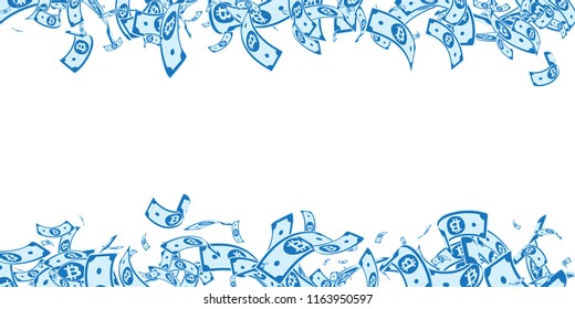 Bitcoin, internet currency notes falling. Messy BTC bills on white background. Cryptocurrency, digital money. Alluring vector illustration. Favorable jackpot, wealth or success concept.