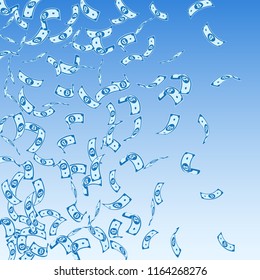 Bitcoin, internet currency notes falling. Sparse BTC bills on blue sky background. Cryptocurrency, digital money. Admirable vector illustration. Fascinating jackpot, wealth or success concept.